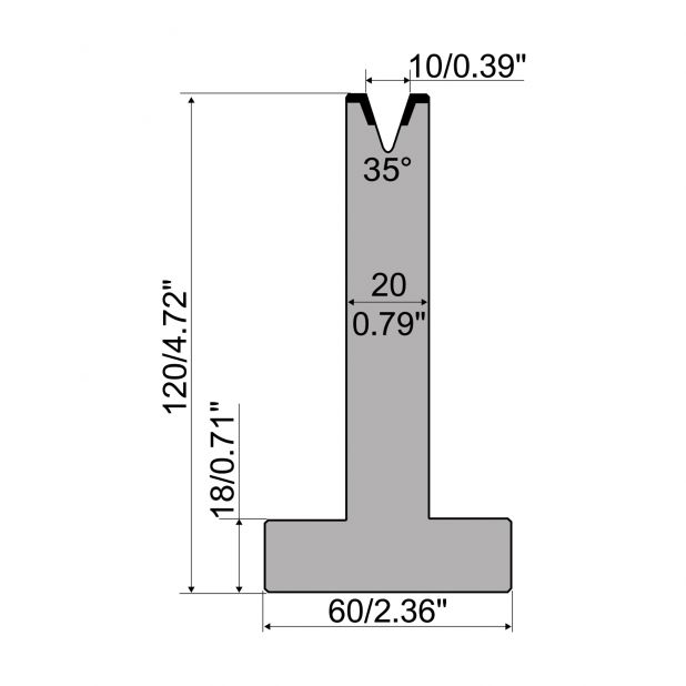 T die R1 European type with height=120mm, α=35°, Radius=1,2mm, Material=C45, Max. load=400kN/m.