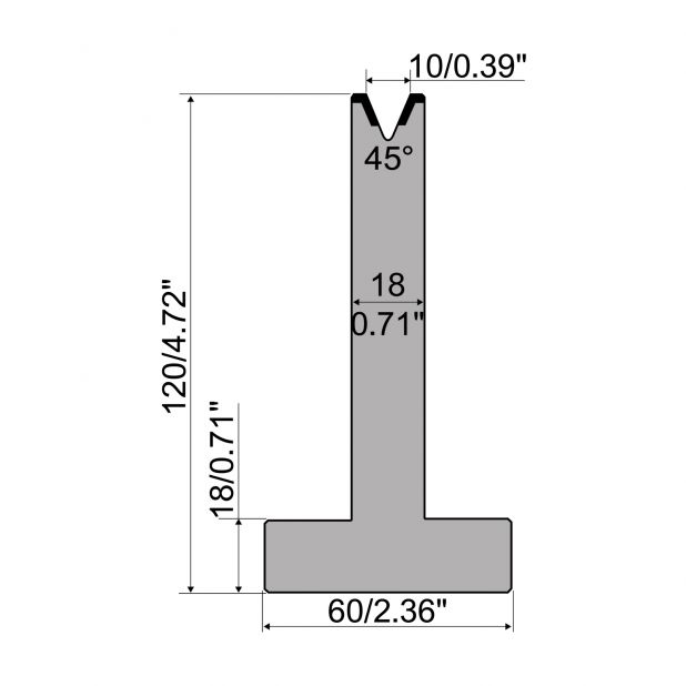 T die R1 European type with height=120mm, α=45°, Radius=1,2mm, Material=C45, Max. load=500kN/m.