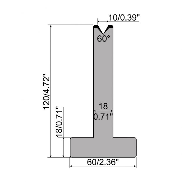 T die R1 European type with height=120mm, α=60°, Radius=2,75mm, Material=C45, Max. load=600kN/m.