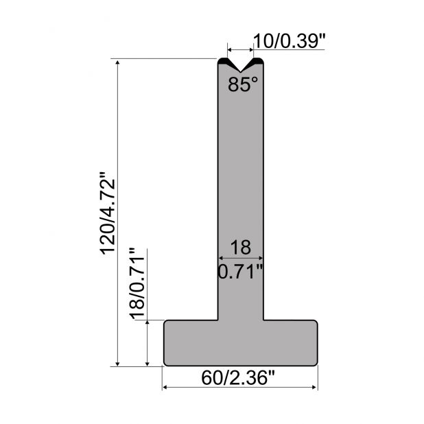 T die R1 European type with height=120mm, α=85°, Radius=2,75mm, Material=C45, Max. load=1000kN/m.