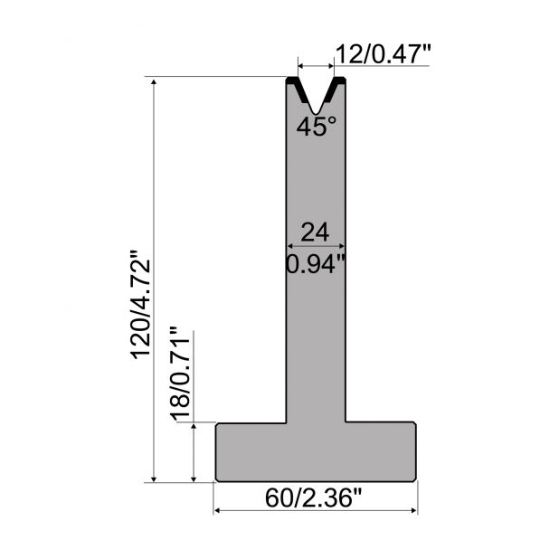 T die R1 European type with height=120mm, α=45°, Radius=1,6mm, Material=C45, Max. load=500kN/m.