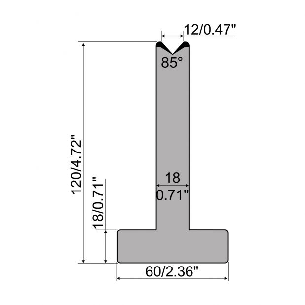 T die R1 European type with height=120mm, α=85°, Radius=2,75mm, Material=C45, Max. load=1000kN/m.