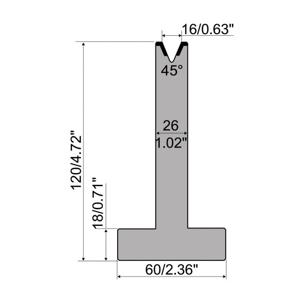 T die R1 European type with height=120mm, α=45°, Radius=2,75mm, Material=C45, Max. load=500kN/m.