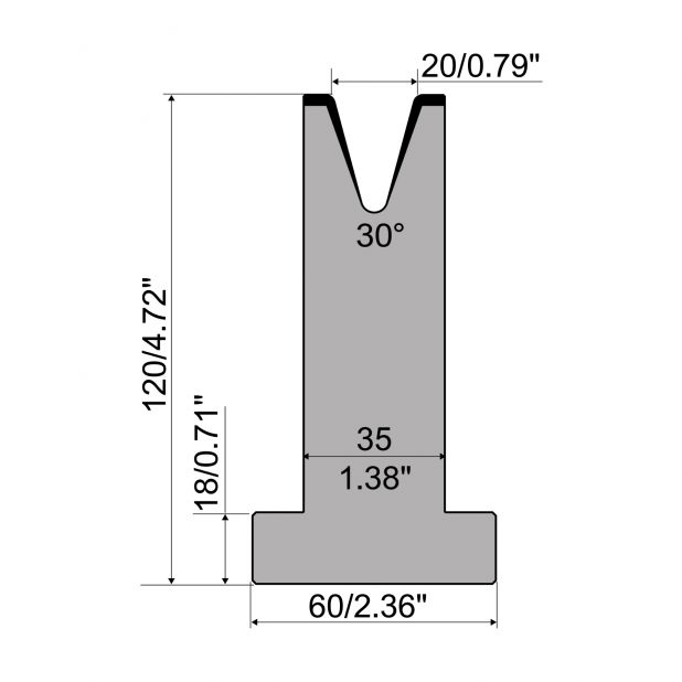 T die R1 European type with height=120mm, α=30°, Radius=2,5mm, Material=C45, Max. load=500kN/m.