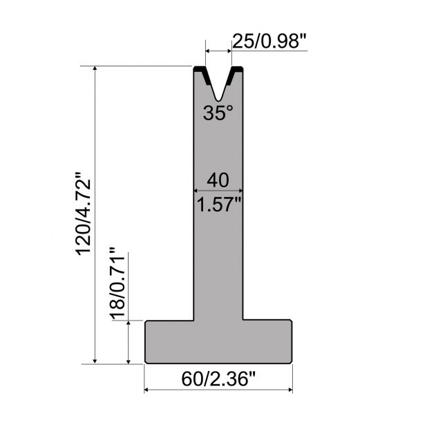 T die R1 European type with height=120mm, α=35°, Radius=3mm, Material=C45, Max. load=500kN/m.