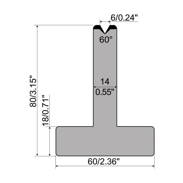 T die R1 European type with height=80mm, α=60°, Radius=1,5mm, Material=C45, Max. load=600kN/m.