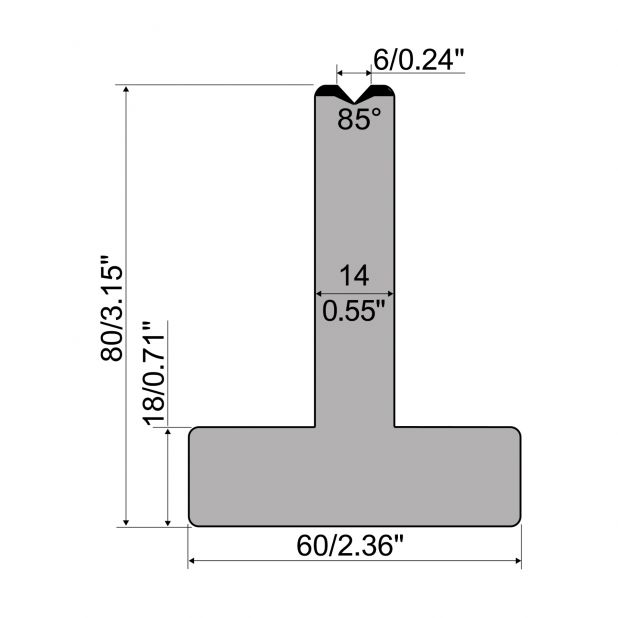 T die R1 European type with height=80mm, α=85°, Radius=2,75mm, Material=C45, Max. load=1000kN/m.