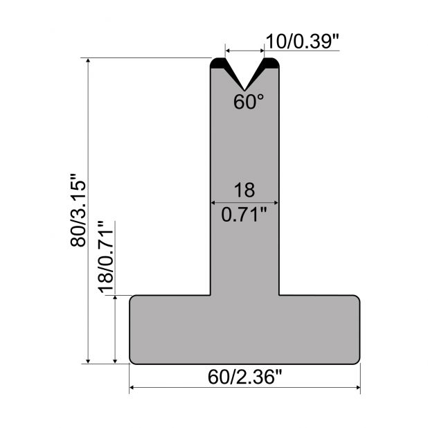 T die R1 European type with height=80mm, α=60°, Radius=0,8mm, Material=C45, Max. load=600kN/m.