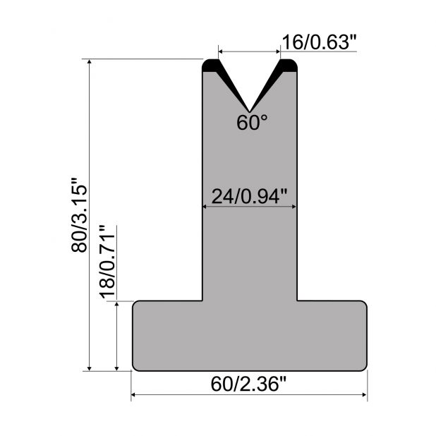 T die R1 European type with height=80mm, α=60°, Radius=2,75mm, Material=C45, Max. load=600kN/m.