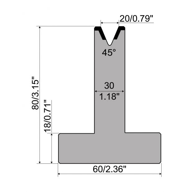 T die R1 European type with height=80mm, α=45°, Radius=3mm, Material=C45, Max. load=500kN/m.