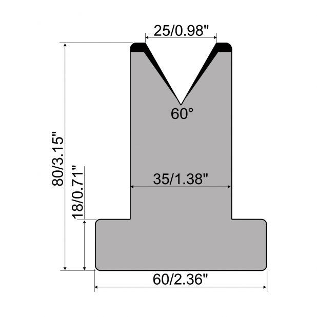 T die R1 European type with height=80mm, α=60°, Radius=3mm, Material=C45, Max. load=600kN/m.