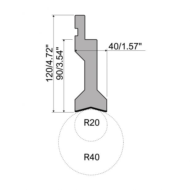 "Radius punch R1 European type TOP Serie with Working height=90mm, Radius=20-40mm, Material=42Cr, Max. load=10