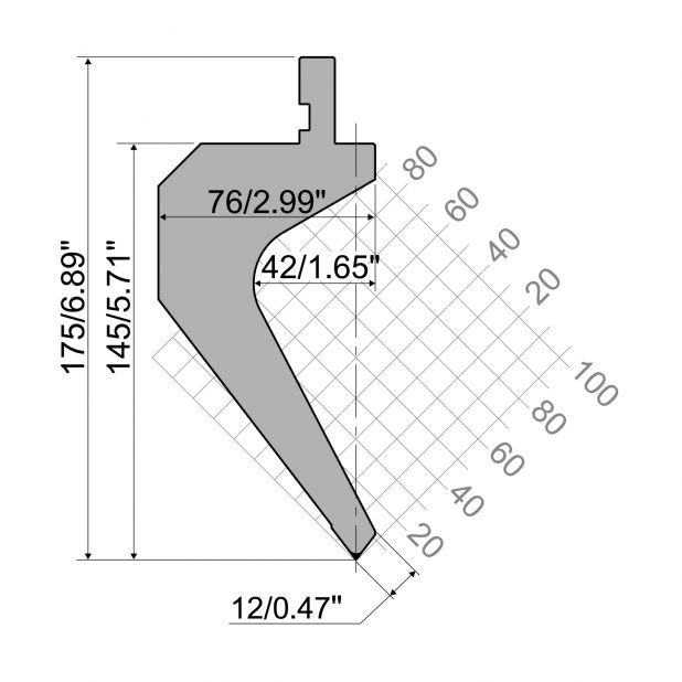 Punch R1 European type TOP Series with Working height=145mm, α=75°, Radius=0,8mm, Material=42Cr, Max. load=7