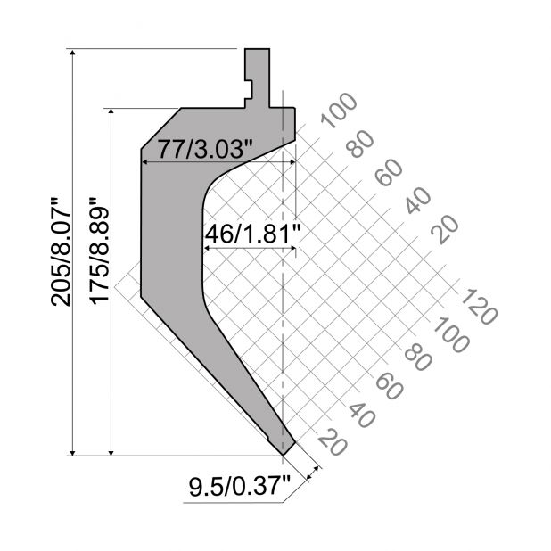 Punch R1 European type TOP Series with Working height=174,3mm, α=85°, Radius=2mm, Material=42Cr, Max. load=7