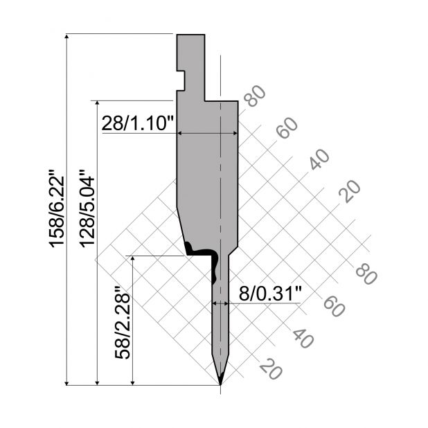 "Hemming tools R1 European type TOP Series with Working height=128mm, α=28°, Radius=0,6mm, Material=42Cr, Ma