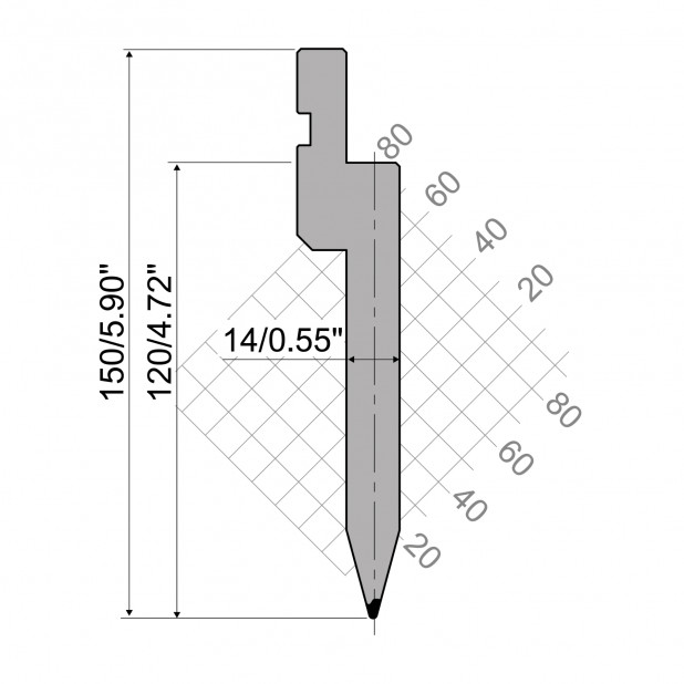 Punch R1 European type TOP Series with Working height=150mm, α=30°, Radius=1,2mm, Material=42cr, Max. load=1