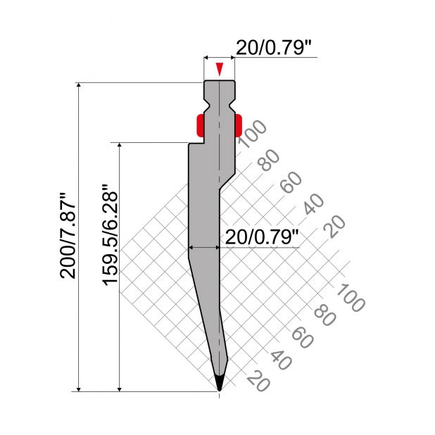 Punch R2 European type TOP Series with Working height=200mm, α=26°, Radius=0,8mm, Material=42cr, Max. load=1