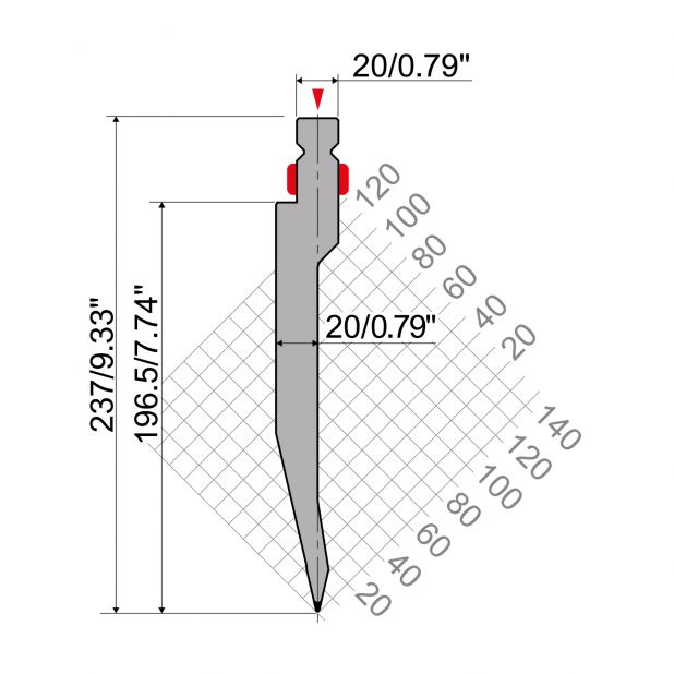Punzón R2 tipo europeo Serie TOP con altura de trabajo = 196.5mm, α = 26 °, Radio = 0,8mm, Material = 42cr,