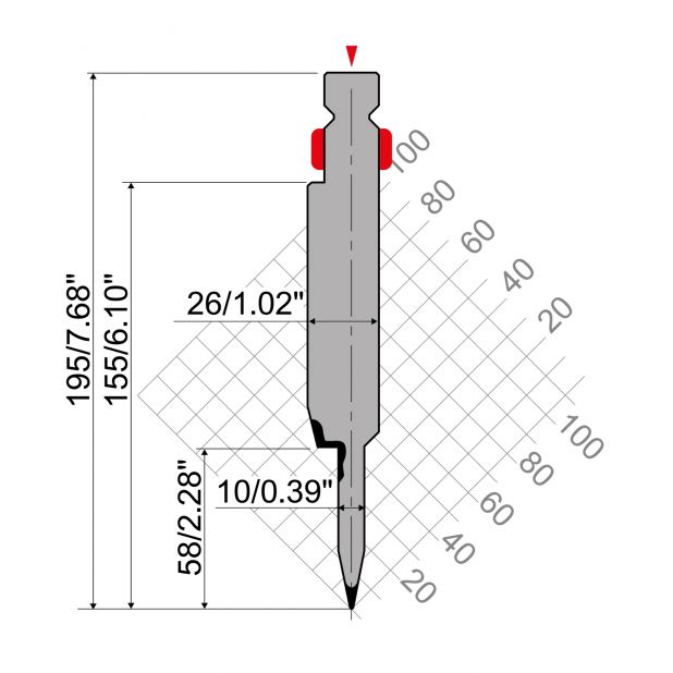 "Hemming tools R2 type with Working height=158mm, α=24°, Radius=0,6mm, Material=42Cr, Max. load=800-1000kN/m