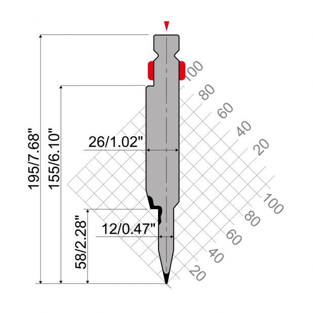 "Hemming tools R2 type with Working height=158mm, α=24°, Radius=0,6mm, Material=42Cr, Max. load=800-1000kN/m