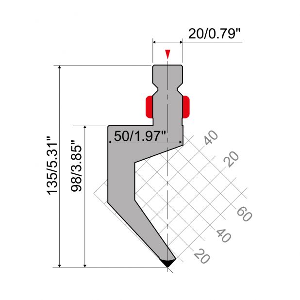 Punch R2 type with Working height=98mm, α=86°, Radius=1mm, Material=42Cr, Max. load=650kN/m.