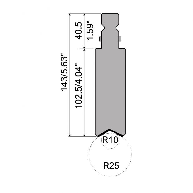 "Hemming tools R2 type with Working height=106mm, Material=42Cr, Max. load=1000kN/m. To use with R10-R25"