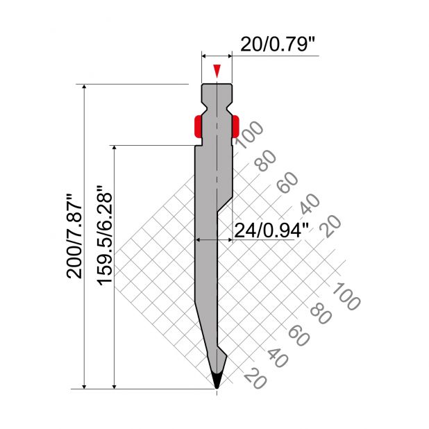 Punch R2 type with Working height=163mm, α=28°, Radius=1mm, Material=42Cr, Max. load=600kN/m.