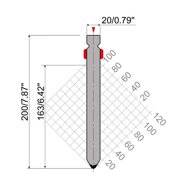 Punch R2 type with Working height=163mm, α=60°, Radius=3mm, Material=42Cr, Max. load=1300kN/m.