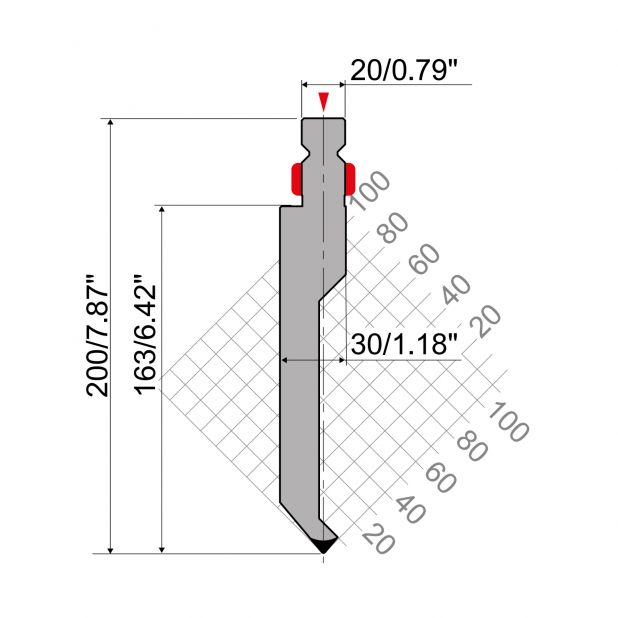 Punch R2 type with Working height=163mm, α=80°, Radius=1mm, Material=42Cr, Max. load=800kN/m.