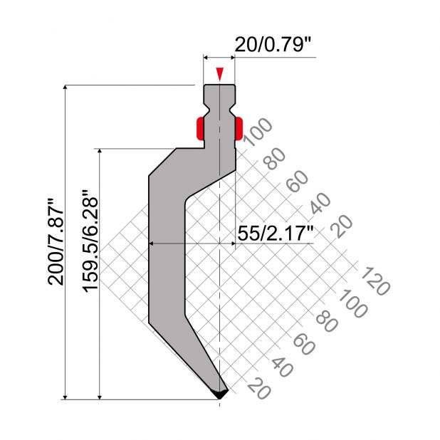 Punch R2 type with Working height=163mm, α=86°, Radius=1mm, Material=42Cr, Max. load=500kN/m.