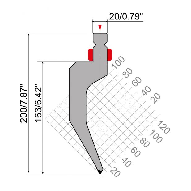 Punch R2 type with Working height=163mm, α=60°, Radius=1mm, Material=42Cr, Max. load=700kN/m.