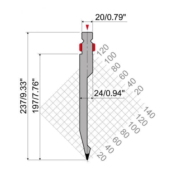 Punch R2 type with Working height=200mm, α=28°, Radius=1mm, Material=42Cr, Max. load=600kN/m.