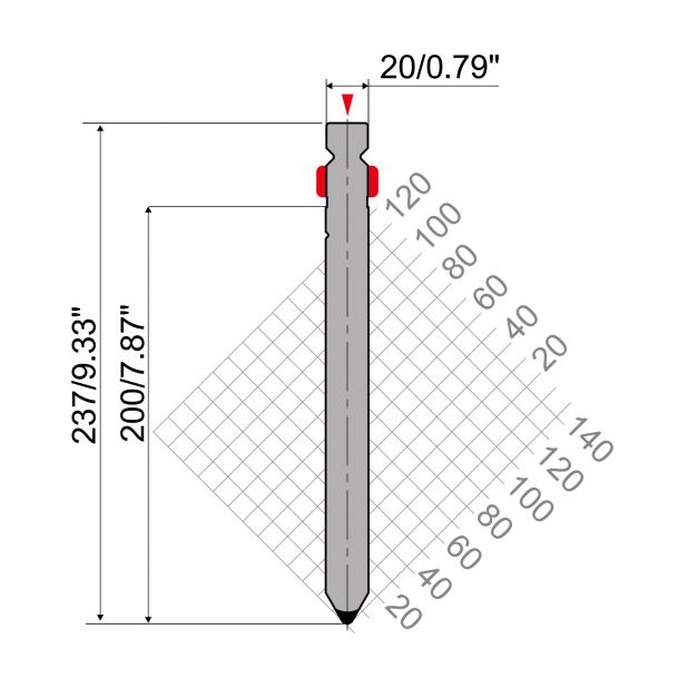 Punch R2 type with Working height=200mm, α=60°, Radius=3mm, Material=42Cr, Max. load=1300kN/m.