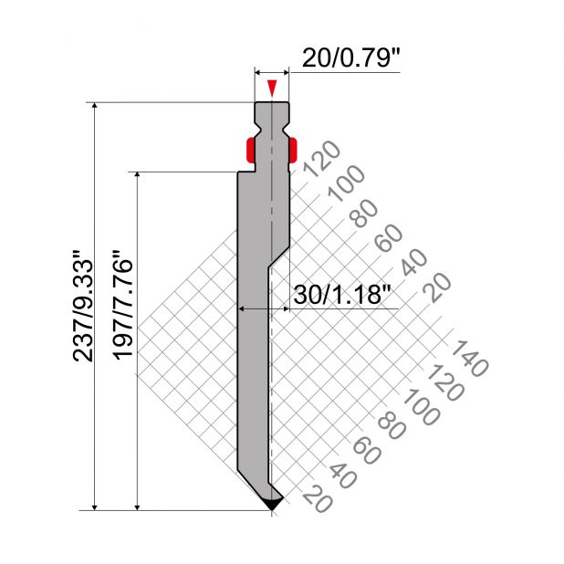 Punch R2 type with Working height=200mm, α=80°, Radius=1mm, Material=42Cr, Max. load=800kN/m.