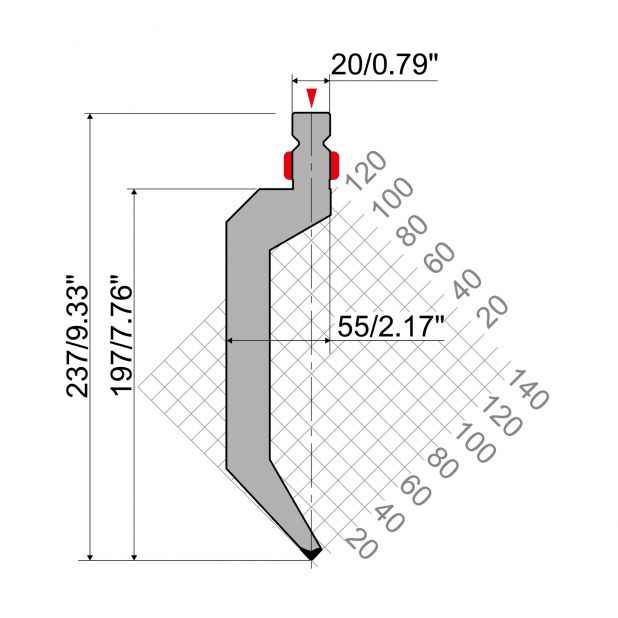 Punch R2 type with Working height=200mm, α=86°, Radius=1mm, Material=42Cr, Max. load=500kN/m.