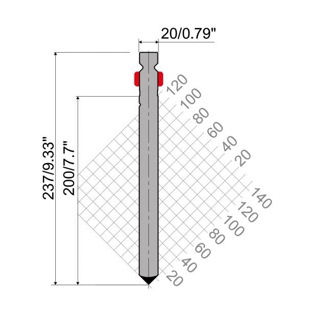 Punch R2 type with Working height=200mm, α=90°, Radius=1,2mm, Material=42Cr, Max. load=1000kN/m.