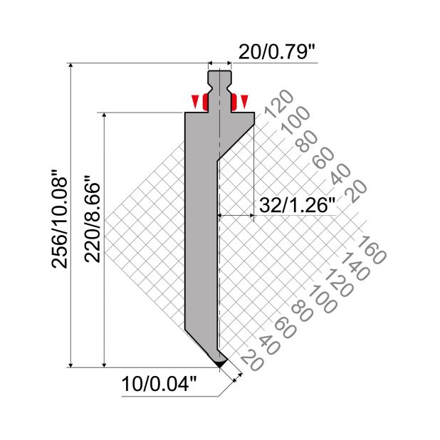 Punch R2 type with Working height=220mm, α=86°, Radius=1mm, Material=42Cr, Max. load=800kN/m.